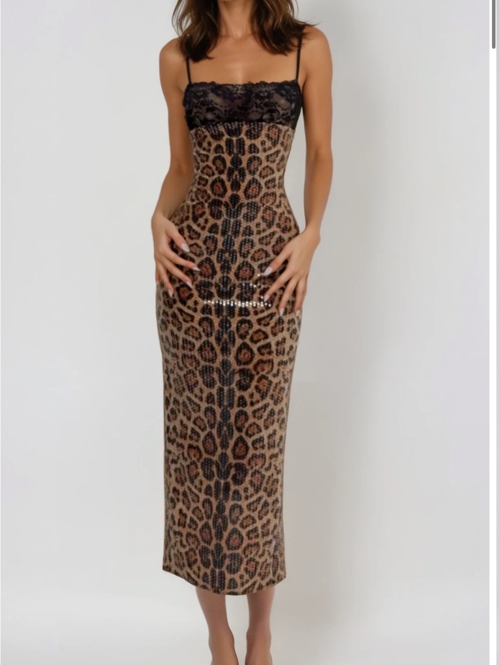 Leopard Print Slip Dress with Lace Bodice - Brown